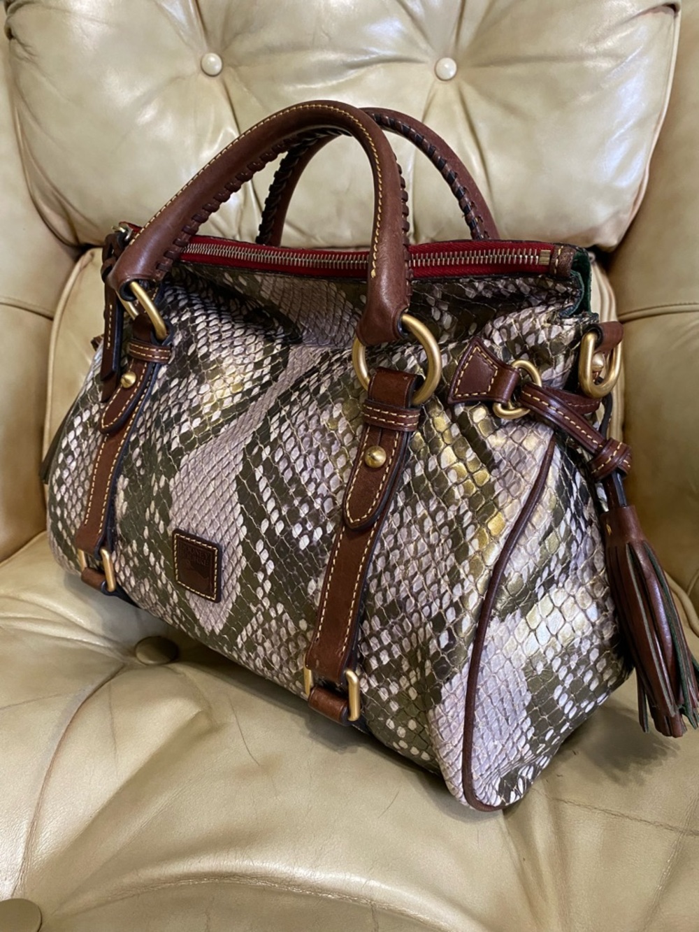 RARE Dooney & Bourke Python Satchel Florentine Gold/Green Leather - Picture 2 of 15